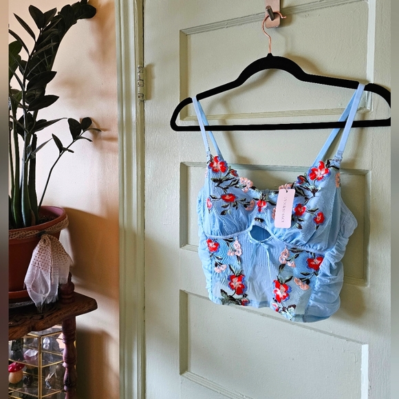 Understance embroidered floral sky blue bustier crop top NWT - Picture 2 of 9